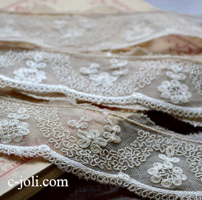 【日本発送】L1378　フランスアンティークレース　コットンテープレース 1m95　ベージュ
