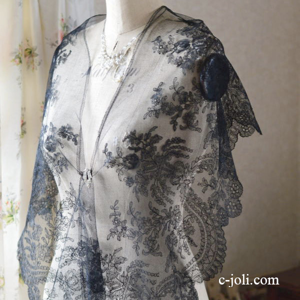 【日本発送】L1578　フランスアンティークリネンレース/テープレース　幅広ブラックレース/黒レース 1m