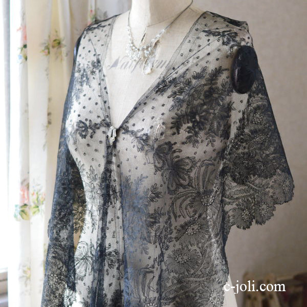 【日本発送】L1579　フランスアンティークリネンレース/テープレース　幅広ブラックレース/黒レース 1m