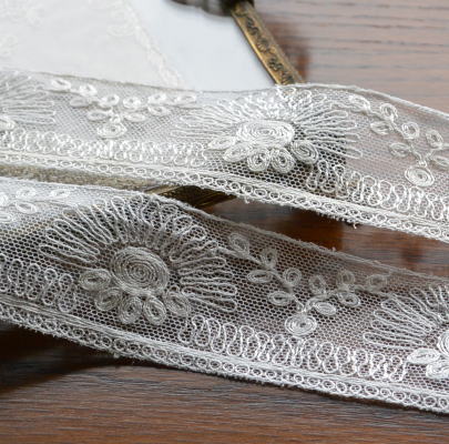【日本発送】L1859　フランスアンティークレースボーダー/テープレース　コットンチュールレース 1m68