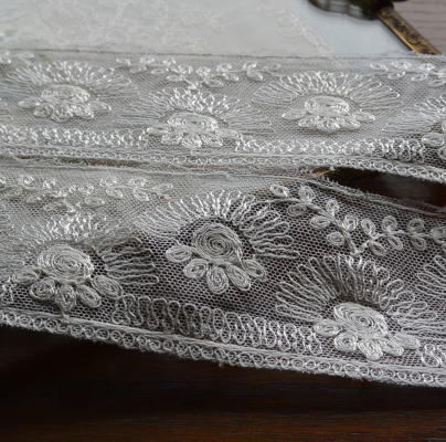 【日本発送】L1863　フランスアンティークレースボーダー/テープレース　コットンチュールレース 1m80