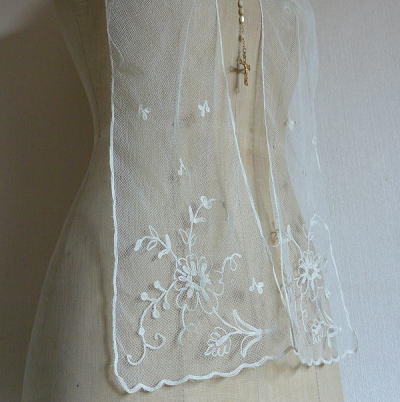 【日本発送】L1998　フランスアンティークレースストール　コットンチュールレースストール エクリュ（生成り）　190cm