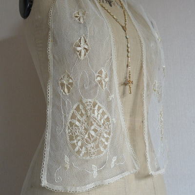 【日本発送】L2001　フランスアンティークレースストール　コットンチュールレースストール エクリュ（生成り）　160cm