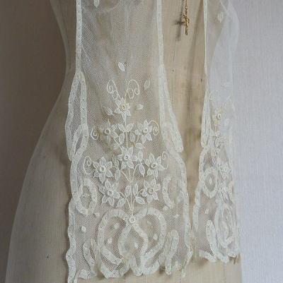 【日本発送】L2002　フランスアンティークレースストール　コットンチュールレースストール ペールイエロー 182cm