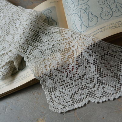 【日本発送】L2039　フランスアンティークレース/テープレース/ボーダーレース　ハンドワークリネンフィレレース 1m83