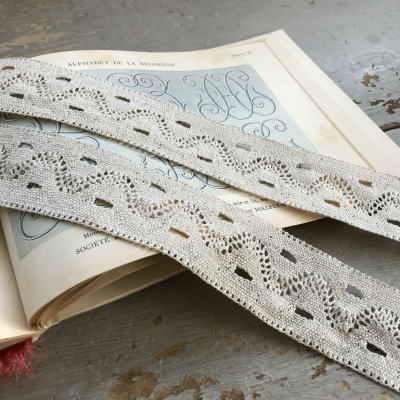 【日本発送】L2232　フランスアンティークレーストリム/テープレース/ボーダーレース　ハンドワークコットンレース　生成り 2m15