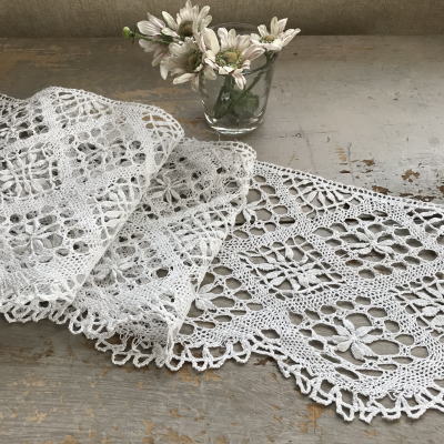 【日本発送】L2269  フランスアンティークレーストリム/テープレース/ボーダーレース　幅広リネンボビンレース 1m45
