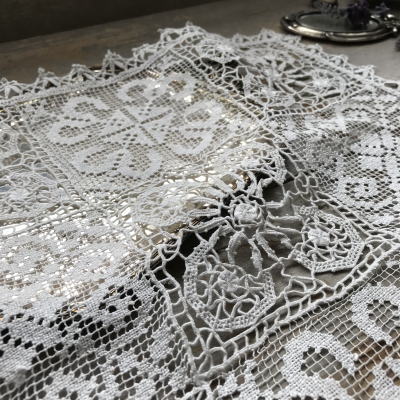 L2309　フランスアンティークレースクロス/レースマット　リネンフィレレース＆ボビンレース＆ニードルポイントレース 34x34cm