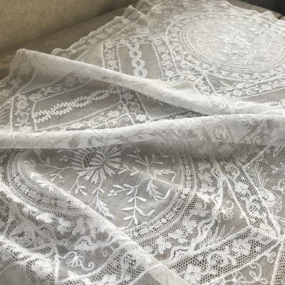 L2380　フランスアンティークレースクロス/ノルマンディーレースランナー　ハンドワークレース＆手刺繍コットンローン 124x40cm