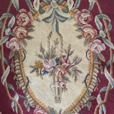 【日本発送】L2421 フランスアンティーク刺繍クロス　ローズ柄ミディポワン/プチポワン手刺繍クロス 34x42cm