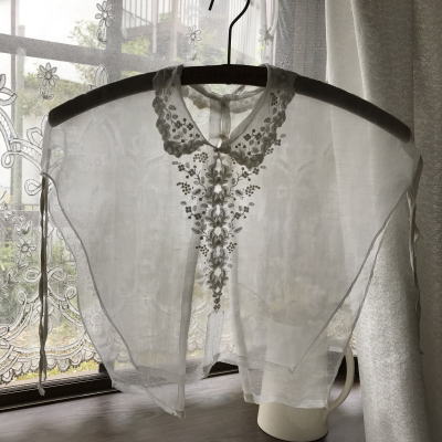 L2423 フランスアンティークレースフロント/シャツフロント　手刺繍＆綿ローン