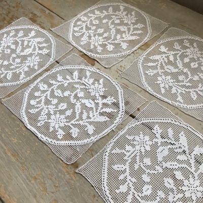 L2444 フランスアンティークレースパーツ　ハンドワークリネンフィレレース5枚