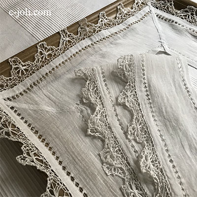 L2492 フランスアンティークリネンクロス/レースパーツ　ドロンワークリネンガーゼ＆レース枠  60x228cm