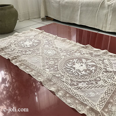 【パリ発送】L2503 フランスアンティークノルマンディーレースクロス/テーブルランナー　19世紀ホワイトワーク手刺繍コットンローン&レース 93x45cm