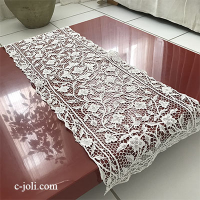 【パリ発送】L2505 フランスアンティークレースマット/テーブルランナー　リネンニードルポイントレースクロス 110x40cm