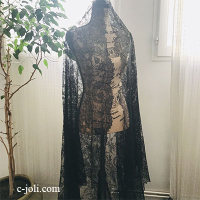 【パリ発送】L2526 フランスアンティークレースショール　シャンティイ黒ブラックレース/シャンティレース 211x205cm