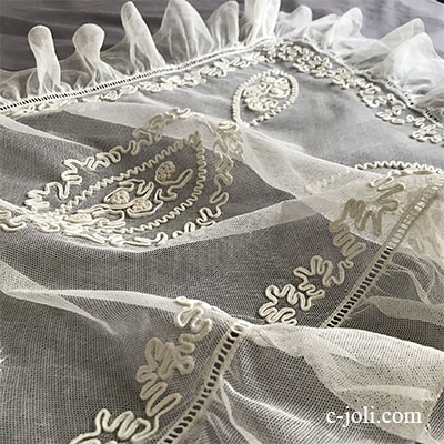 【パリ発送】L2552 フランスアンティークレースクロス　生成りコットンチュールレース＆刺繍  73x45cm
