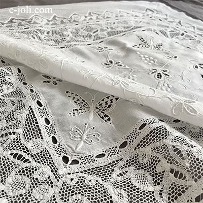 【パリ発送】L2559 フランスアンティークレースクロス　カットワーク手刺繍ローン＆チュール＆ボビン＆フィレレース 75x59cm