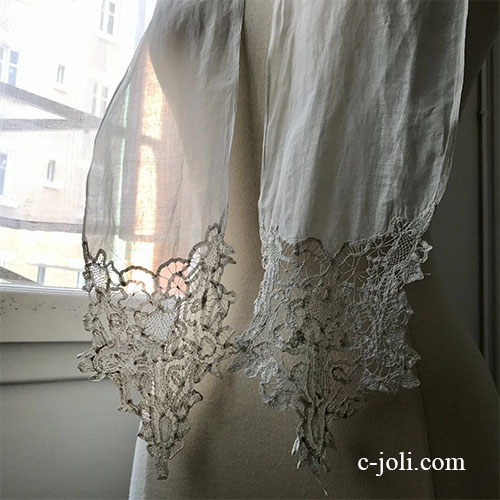 【パリ発送】L2634 フランスアンティークレース＆リネンストール/ラペット　19世紀リネンボビンレース＆麻ローン 1m35