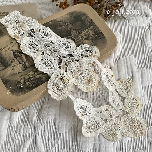 【パリ発送】L2644 フランスアンティークレースつけ襟/レースジャボ（胸元飾り）　リネンボビンレース＆チュールレース