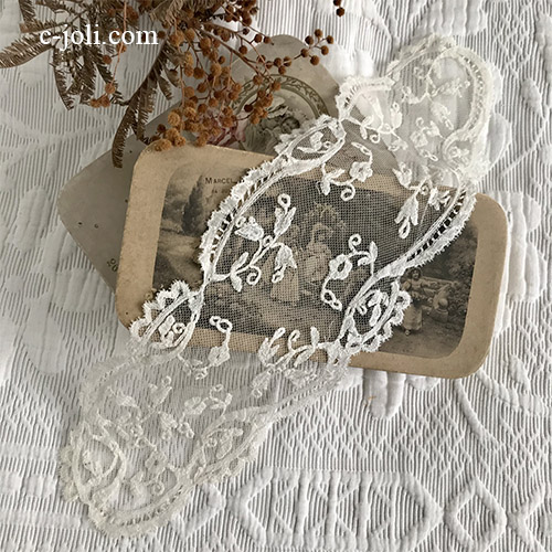 【パリ発送】L2652 フランスアンティークレースマット/レースクロス/アップリケ　19世紀アプリカシオンコットンチュールレース 10x35cm