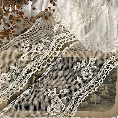【パリ発送】L2654 フランスアンティークレーストリム/テープレース/ボーダーレース　19世紀アプリカシオンコットンチュール＆ボビンレース 1m25