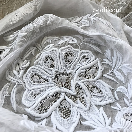 L2671 フランスアンティーク手刺繍＆レースパーツ ホワイトワーク綿