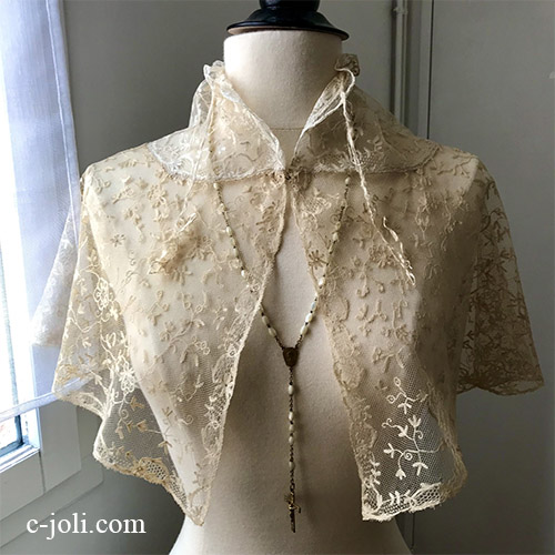 【パリ発送】L2676 フランスアンティークレースケープ/レースショール　リネンチュールレース＆シルクリボン　ベージュ