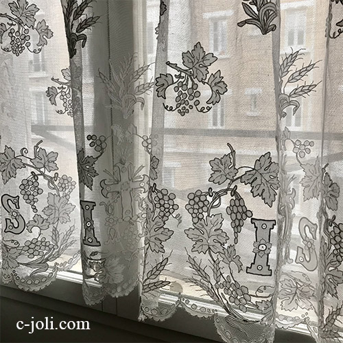 【パリ発送】L2690 フランスアンティークレースクロス/カフェカーテン　19世紀リネンチュールレース＆十字架アプリカシオン 1m38