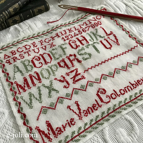 【日本発送】L2714 フランスアンティーク手刺繍スクールサンプラー＆ランディングネット編み針 30x25.5cm/23.5cm