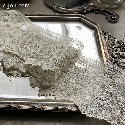 【日本発送】L2717 フランスアンティークレースボーダー/テープレース　19世紀ポワンドガーズレース 59cm