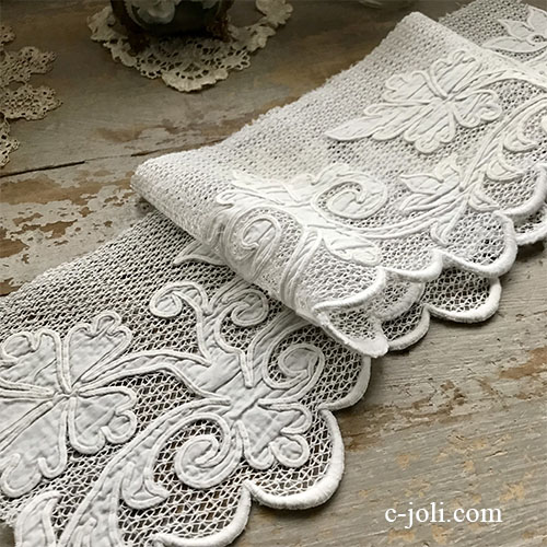 【日本発送】L2728 フランスアンティークレースボーダー/レースエッジ/テープレース　アプリカシオン＆リネンフィレレース 85cm