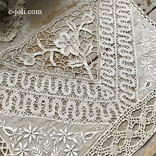 L2729 フランスアンティークレースパーツ/モチーフ　ニードルポイントレース＆ボビンレース＆ホワイトワーク手刺繍リネンローン