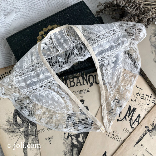 【パリ発送】L2737 フランスアンティークレースつけ襟/レース衿　手刺繍コットンローン＆ヴァランシエンヌレース付け襟