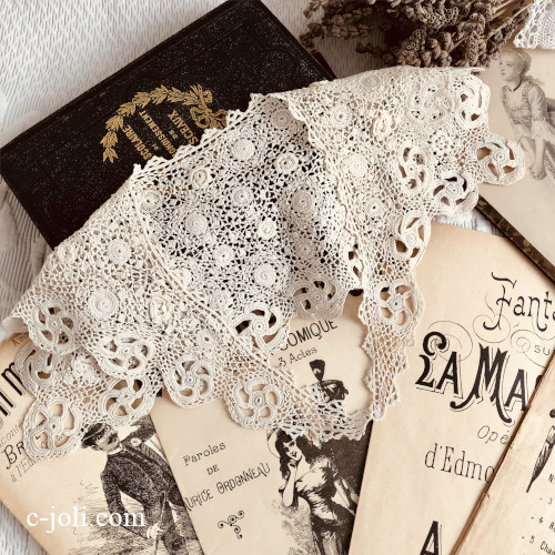 【パリ発送】L2739 フランスアンティークレースつけ襟/レース衿　リネンクロシェレース付け襟　生成り