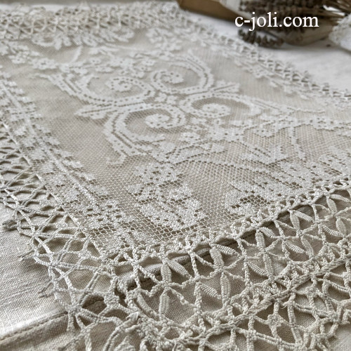 【パリ発送】L2744 フランスアンティークレース/テーブルマット　リネンフィレレース＆ボビンレースクロス 生成り 53x36cm