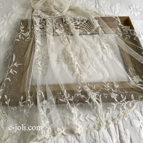 【パリ発送】L2748 フランスアンティークレースショール/ストール　19世紀アプリカシオンリネンチュールレース 2m66