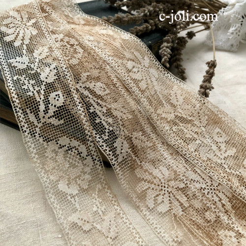 【パリ発送】L2755 フランスアンティークレーストリム/テープレース/ボーダーレース　ハンドワークリネンフィレレース 4m95