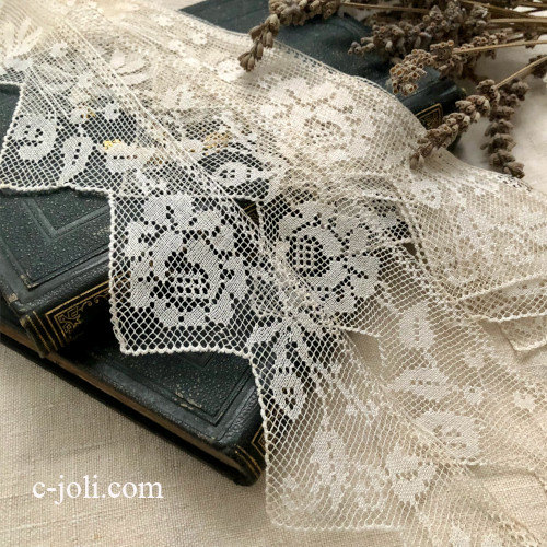 【日本発送】L2760 フランスアンティークレーストリム/テープレース/ボーダーレース　ハンドワークリネンフィレレース 1m20