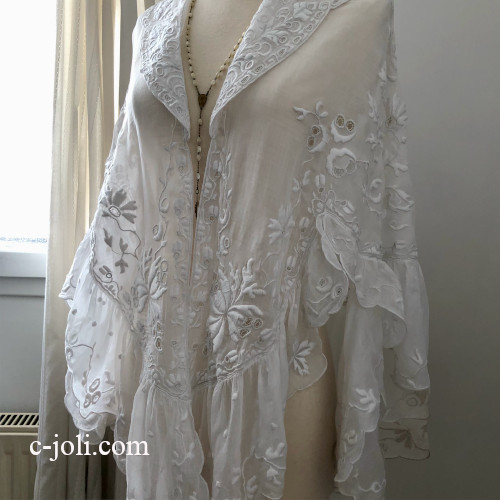 【パリ発送】L2775 フランスアンティーク綿ローン＆手刺繍ケープ　19世紀ホワイトワーク刺繍/白糸刺繍カーディガン