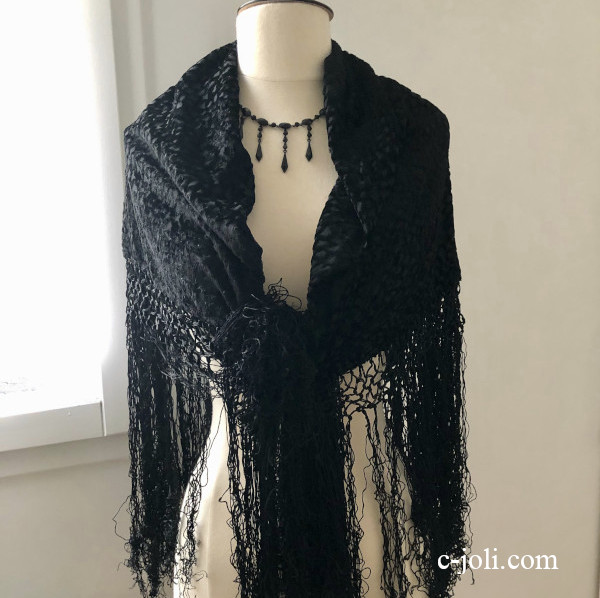 【パリ発送】L2789 フランスアンティークショール　フリンジ付ブラックコットンショール/黒 115x125cm