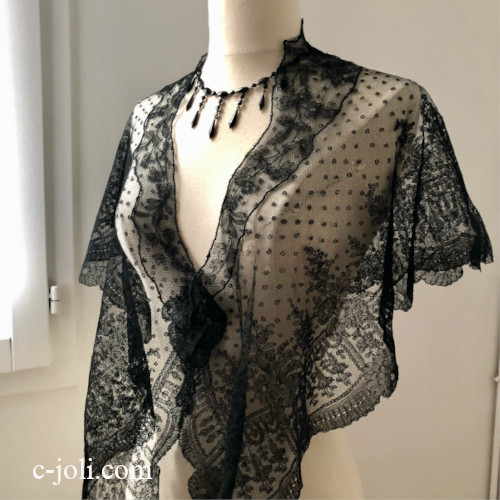 【パリ発送】L2791 フランスアンティークレースショール/ケープ/付け襟　19世紀ブラックレース/黒レース/シャンティイレース