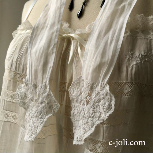 【パリ発送】L2804  フランスアンティークレース＆綿ローンネクタイ/ストール/ラペット　コットン＆ボビンレース 83cm