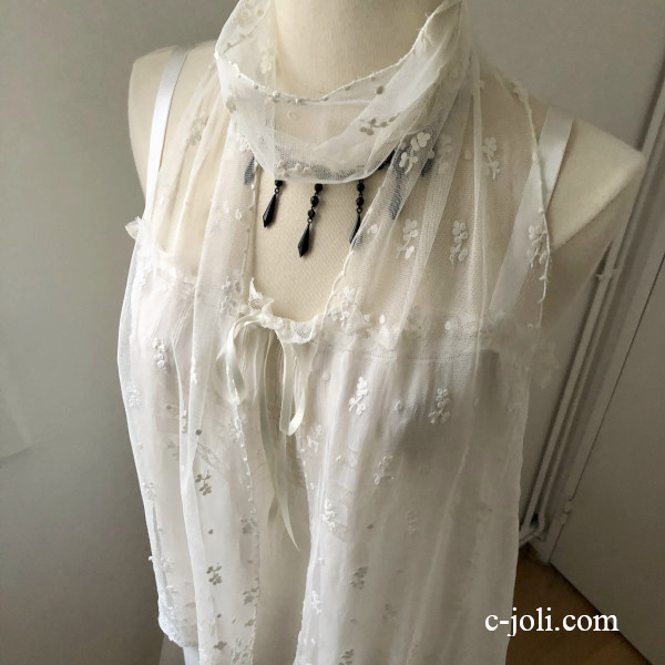 【パリ発送】L2806  フランスアンティークレースストール　コットンチュールレース 1m80