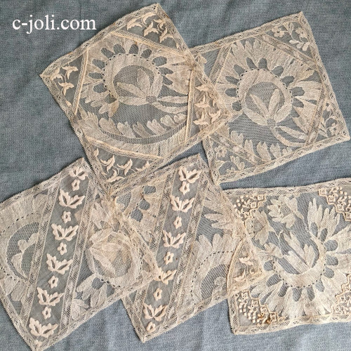 【パリ発送】L2824 フランスアンティークチュールレースドイリー5枚　ホワイトワーク手刺繍リネンローン＆ヴァランシエンヌレースマット 15cm