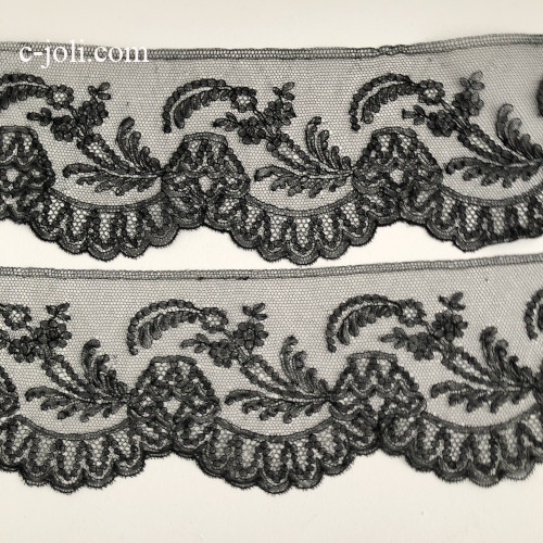 【パリ発送】L2832 フランスアンティークレース/リネンボーダーテープレース　シャンティイブラックレース/黒レース 1m93