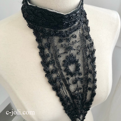 【パリ発送】L2833 フランスアンティークレースカラー/レース襟/レースフロント　黒レース/ブラックレース＆ブラックガラスビーズ