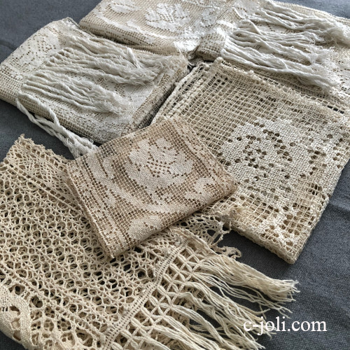 【パリ発送】L2847 フランスアンティークレースパーツ/はぎれ＆ミニカーテン6枚　リネン/コットンフィレレース＆ボビンレース