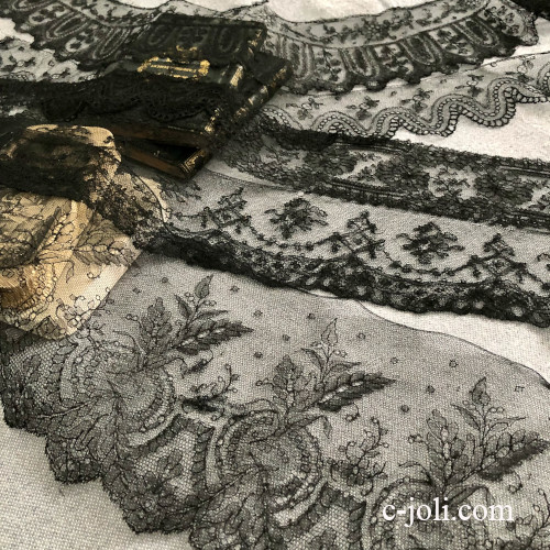 【パリ発送】L2850 ランスアンティークレースパーツ/テープレース5枚　コットン/リネン黒レース/ブラックレース　合計6m62