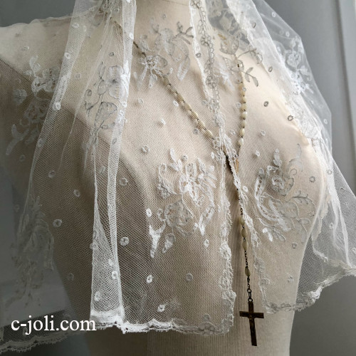 【パリ発送】L2856 フランスアンティークレースショール/レースストール　アプリカシオンリネン/麻チュールレース 95cm